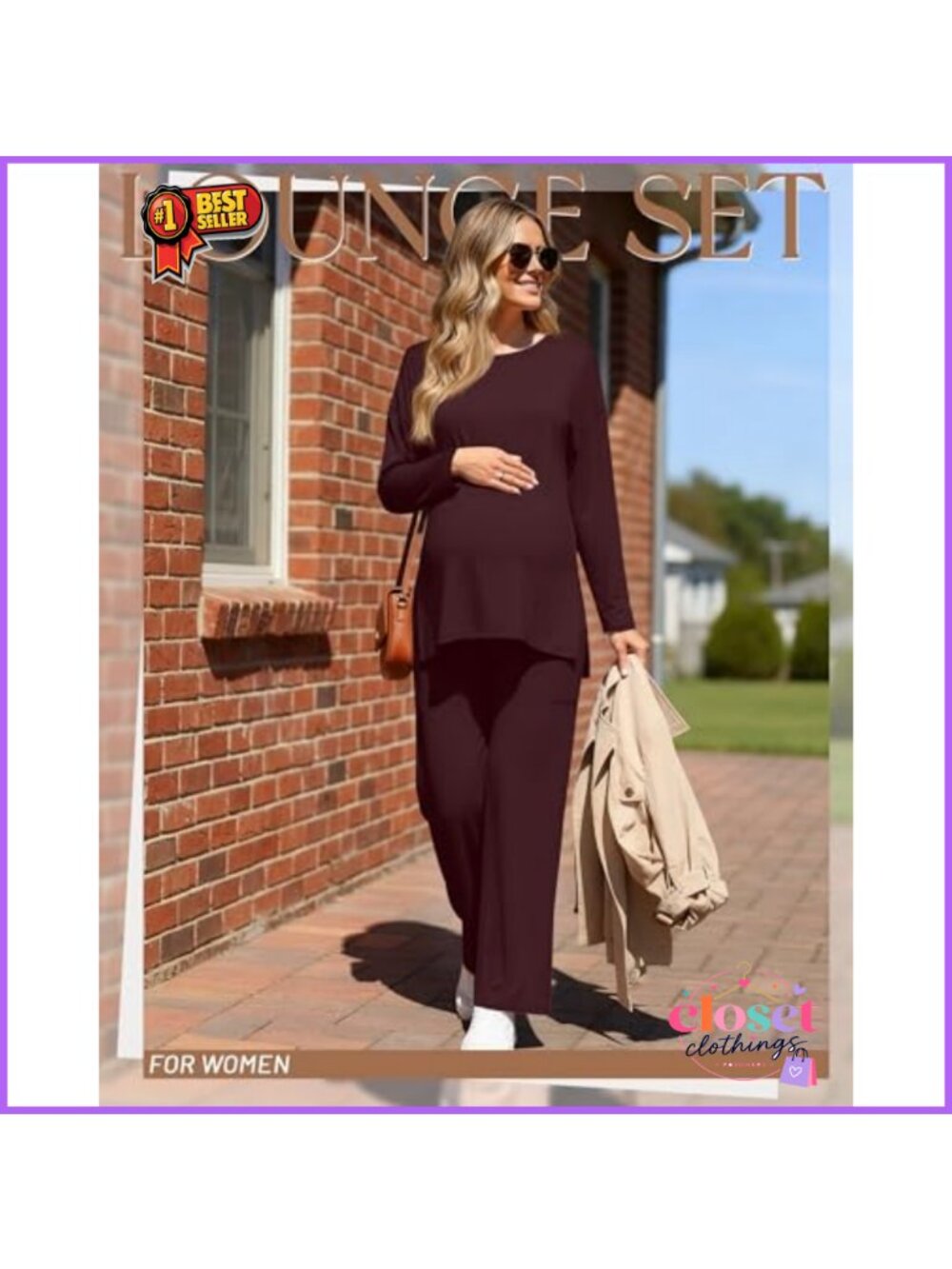 Maternity Lounge Set 2 Piece Long Sleeve Top Wide Leg Pants - Picture 4 of 6